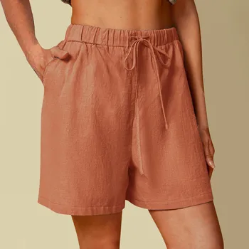 Дамски еластични летни Дамски ежедневни панталони с памучен талия, къси панталони и дамски къси панталони с висока плътен талия