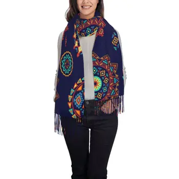 Нов дамски шал в етнически стил, зимни шалове, тънка обвивка, женски топъл шал с пискюли, космат буфанда