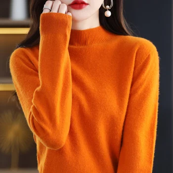 100% Вълна, вълнен пуловер, Женски вязаный пуловер с полувысоким яка, пуловер с дълъг ръкав, есенно-зимния моден топло топ