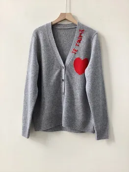 100% Вълнен жилетка за жени с бродерия в формата на буквата на сърцето, V-образно деколте, Дълъг ръкав, Дамски Ежедневни есенен пуловер 2023