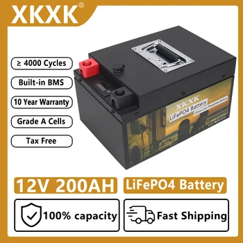 12V 200Ah LiFePO4 Акумулаторна батерия Вграден BMS Литиево-желязо-фосфатный батерия За голф-кара RV Campers Слънчево склад Със Зарядно устройство