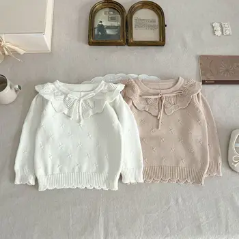 2023, Есен Нов Пуловер с яка във формата на Лотос за малки момичета, обикновена трикотажни блузи, Бебешки долните ризи, Вязаный пуловер за малки момичета