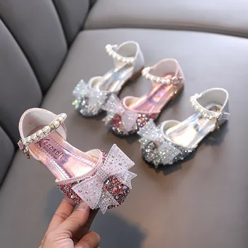 2023 Есенни нови детски сватбени обувки на принцесата с кристали и лък за момичета, танцови обувки на плоска подметка, обувки за студентски изяви