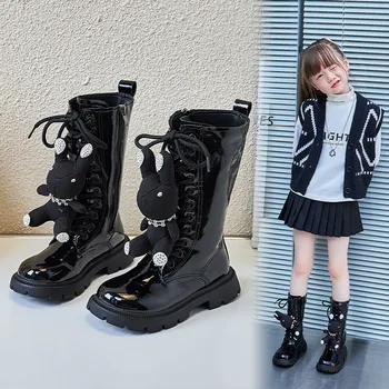 2023 Есенно-зимни Детски Дълги ботуши Принцеси за момичета, Модни Обикновена обувки със средна височина заек