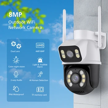 4K 8-МЕГАПИКСЕЛОВА IP камера инфрачервено нощно виждане с две лещи Външен WiFi монитор Cam Въртене на 360 градуса, IP65 Водоустойчив Домакински сигурност