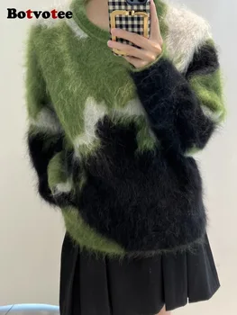 Botvotee Пуловер с кръгло деколте за жени 2023, Есен-Зима, Шик Пуловери в Контрастен Цвят, Елегантни Модни Възли Скок с Дълъг ръкав
