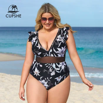 CUPSHE Плюс Размера на стълба С покритие на Мрежест едно парче бански за жени Секси Монокини Голям размер 3XL, Бански костюми 2023, хавлии за Плаж, бански костюм