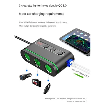 Duals QC3.0 Адаптер за бързо зареждане на автомобилен крик за мобилен телефон, адаптер за автомобилна запалка 120 W с ключ за включване/изключване, 2 USB порта