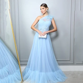 Eightree-Секси синя рокля трапецовидна форма за бала, Елегантна вечерна рокля с аппликацией от пера на едното рамо, Плюс Размера на плиссированное дълга вечерна рокля