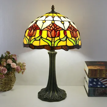 LongHuiJing 12 инча Настолна лампа в стил Тифани, Витражное стъкло, Червено цвете лале, настолна лампа на метална база