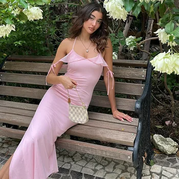 Meqeiss/ Ново сетчатое приказна рокля на спагети презрамки за клубната парти, Елегантни костюми с открити рамене за жените, Розови Макси-рокли с цепка за бала, лято 2023