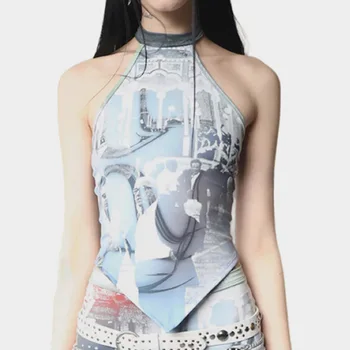 Millennium Hot Girl Y2K Градинска дрехи с ретро принтом без презрамки, дизайн с нередовни подолом, тънки асиметрични върховете на бретелях