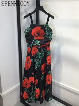 SPENNEOOY Лятното Модно дизайнерско Дълга рокля на спагети презрамки, с флорални принтом, Женствена рокля трапецовидна форма с яка в една дума и висока талия