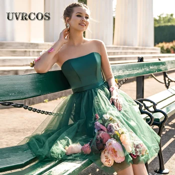 UVRCOS Реколта Кратки Вечерни Рокли с 3D Цветя За Бала, Без Презрамки, Празнични Халати за Партита на Поръчка