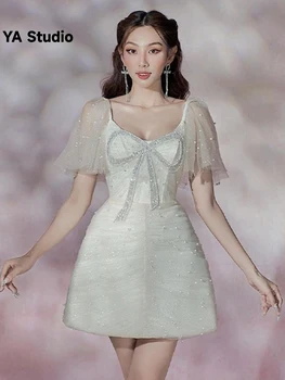 [YA Studio] Лесно Луксозно сетчатое рокля с хубав нос, дизайнерски ръкави с диаманти, Перлена къса рокля 2023, лятна мода