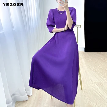 YEZOER Елегантна однотонное плиссированное рокля за жените, лилава рокля с ръкави-фенерчета, рокля с висока талия, новост 2023, Елегантна Празнична рокля