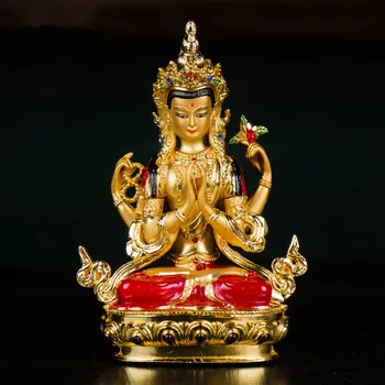 Будистки доставчици с цветен Златно покритие 14,8 см, Четырехрукая тибетски статуя на Бодхисатва Авалокитешвары Гуаньинь