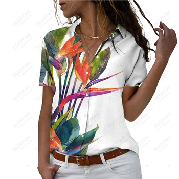 Висококачествена Свободна Женска риза на големия размер, с къси ръкави, лятна риза с ревера на копчета в стил плажната партита, Жена на улицата случайни топ