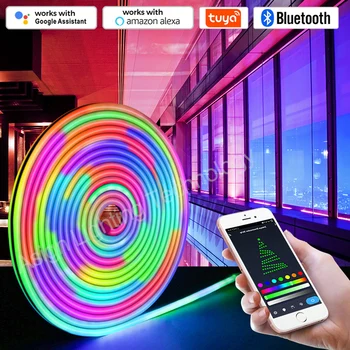 Водоустойчив WiFi Bluetooth 12V RGBIC Led Неонова лента 5 МЕТРА 10М RGB Гони Пълноцветен led неонова лента Украса за стайни барове