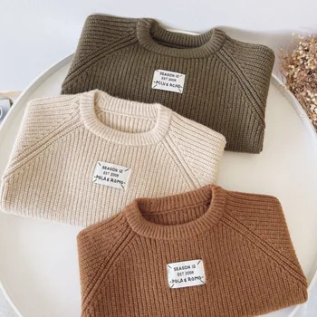 Вълнен пуловер за момчета, вязаный на една кука, памучно плетиво 2023, Очарователен здраво кадифе, есенни и зимни ученически върхове, топло детски дрехи