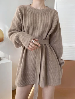 Вязаный Колан, Пуловер оверсайз, Дамска мода, със средна дължина, кръгъл отвор, Обикновен пуловер, Жилетка, Ежедневни Есенна Новост Sueter Mujer