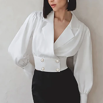 Двубортная бяла дамска риза във френски стил 2023, блуза и шал яка в кръста и дълъг ръкав, Офис дамски ежедневни кратки върховете 28698