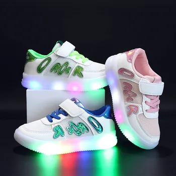 Детски обувки с led подсветка, Пролетни нови бели детски обувки, Ежедневни, спортни обувки от окото на материала, за момчета и момичета