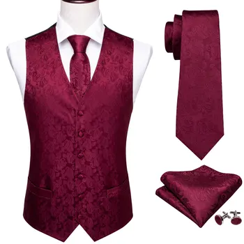 Дизайнерски жилетка за мъжете, расшитый коприна, червено, бордо, с Пейсли, жилетка, вратовръзка, Квадратен комплект, Оборудвана сватбен костюм Бари Уонг