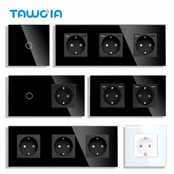 Докосване на Ключа на светлината TAWOIA С ЕС USB Розетка на Стената Черни Стенни led Ключове 1/2/3Gang 1Way Crystal Тъмно Синя Подсветка Стенен Прекъсвач