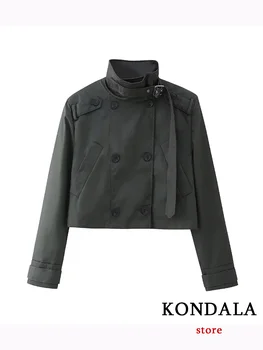 Ежедневни дамски якета KONDALA с едноцветните джобове, Двубортная поло, Късо палто от восъчна кожа, модерен есенен тренч 2023 година