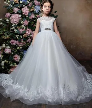 Елегантни детски рокли с цветя модел за момичета, Бели дантелени апликации от Тюл, детско официалното рокля за Сватбеното парти, рокля за Първо Причастие от 1 до 16 години