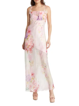 Жена дебнещ Дълга рокля-корсет на спагети презрамки, с флорални принтом на спагети презрамки, Лятна рокля за почивка във вилата (I-Pink M)