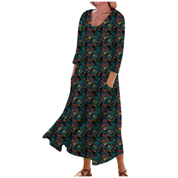 Жена Ежедневното Удобно Памучно рокля с джобове и ръкав три Четвърти в цветенце, на Макси рокля за жените, Лято 2023, Нова мода