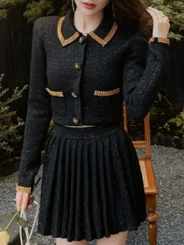 Жена Однобортное палто с дълъг ръкав и отложным яка, расшитое злато и диаманти, или плиссированная мини-панталон с еластична талия