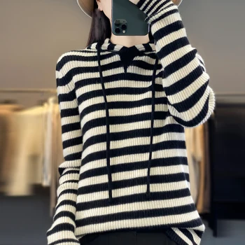 Жена пуловер райе от 100% мериносова вълна, с капак и завязками, Зимата Топъл Мек вълнен пуловер, Корейски Модерен Вязаный Мек Свободен топ