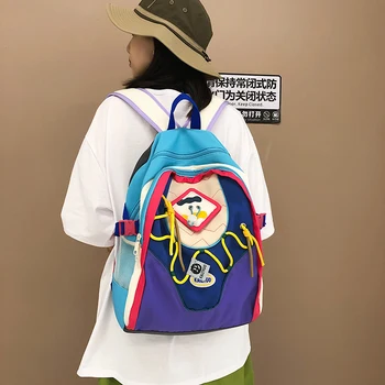Жена ретро раница с цветен блок, пътна чанта-Голям капацитет, Всекидневни раница