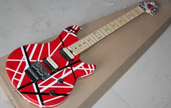 Заводска електрическа китара с масивен корпус червен цвят в черно-бяла ивица, мост Тремоло, предложението за поръчка