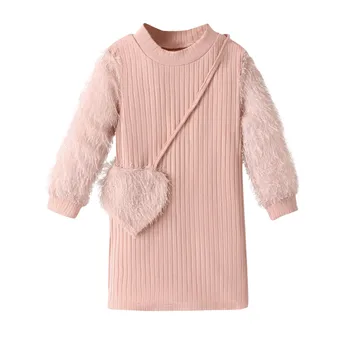 Зимата розова рокля в рубчик с дълъг ръкав за деца и сладко чанта за влюбени, Детски Великденски рокля за момичета, Размер 6