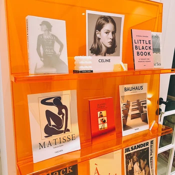 Индивидуална проста модерна стенни bookshelf синьо-оранжев цвят, акрилно за списания, интернет-магазин за дрехи на известни личности, дисплей displa