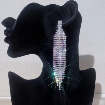 Искрящи обеци с геометрични дълги кичури от планински кристал за жени, със сребърно покритие Висящи обеци, подаръци за партита, бижута