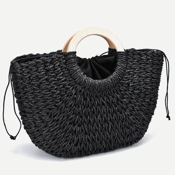 Кръгла кофа с дървена дръжка, сламена чанта, чанти, лятна плажна чанта, Плетени чанти-тоут с шнурком