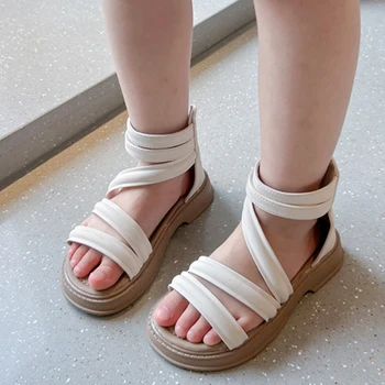 Летни детски сандали-гладиатори за момичета; Римска обувки Принцеса с високо берцем на дебела подметка; Дишаща модни детски сандали с отворени пръсти; Новост