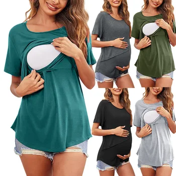 Летни Дрехи за бременни, Дамски Блузи с къс ръкав и кръгло деколте, обикновена асиметрични блузи с капак, Ежедневни тениска за кърмене