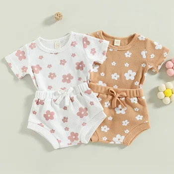 Летни Дрехи за новородени момичета, Ежедневни вафельная трикотажная тениска с къси ръкави и цветен модел + къси Панталони, Комплекти, дрехи от 2 теми за 0-18 месеца