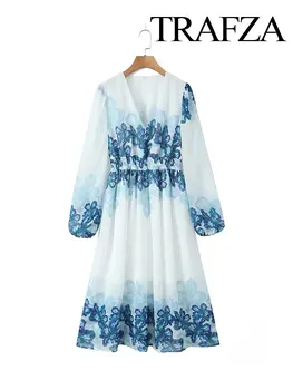 Лятно Дамско Ежедневното рокля TRAFZA с принтом в ретро стил, Модно Дамско Плиссированное рокля Миди с ръкав Девет четвърти и V-образно деколте талията