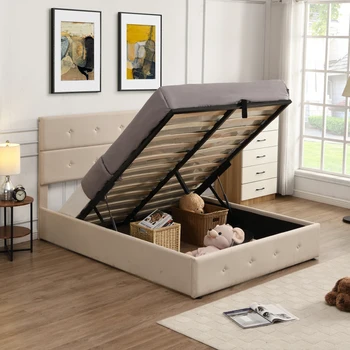 Мек диван-платформа с по-кутия за съхранение, в пълен размер, бежов цвят