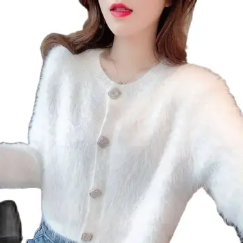 Модерен Кратък Вълнен пуловер с имитация на минк, Жилетка, Жените в Есенно-зимната Студентска Дамско яке, Елегантен Пуловер, Върхове