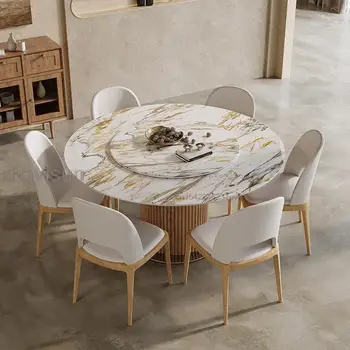 Модерна маса за Хранене Чай Въртящи Плейър, Кухненски Мебели 12mm Каменна Плоча 18мм Дъска от масивно дърво Постоянен Кръгла Маса