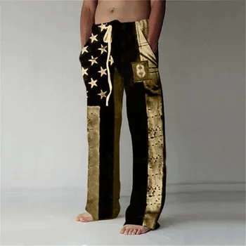 Мъжки панталони с графичен флага и 3D принтом, ежедневни панталони с джобове, широки панталони дантела прозорци, Големи размери, Свободна градинска облекло