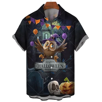 Мъжки ризи на Хелоуин реколта блузи с къс ръкав, тиквен фенер, принт Вещици, Костюм за Хелоуин, градинска мъжка риза Оверсайз